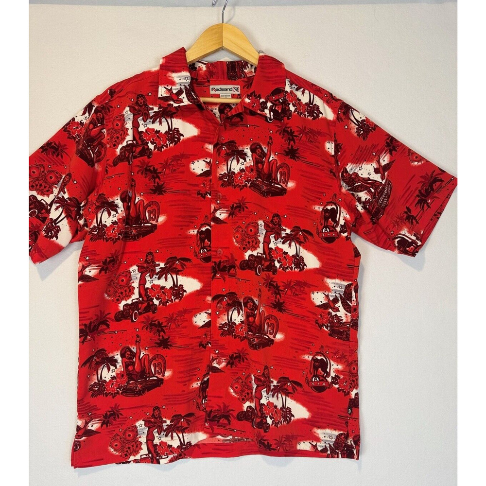 Vtg Redsand Hawaiian Shirt Pin Up Girl Dice Hot Rod Red Mens MED Summer Beach